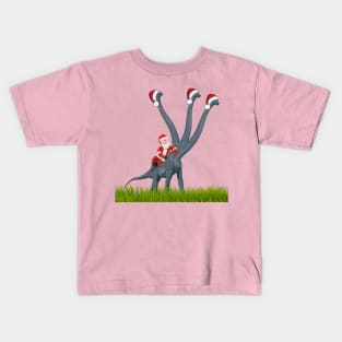 Dinosaur celebrates Christmas with Santa Claus 2 | 3-necked dinosaur | Merry Xmas Kids T-Shirt